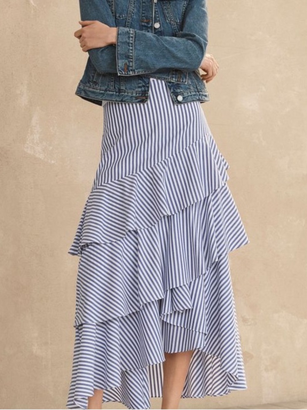 BANANA REPUBLIC STRIPE TIERED RUFFLE  Lined POPLIN MAXI SKIRT 4 NWT